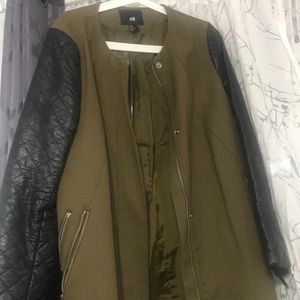 H&M olive green and leather sleeve jacket